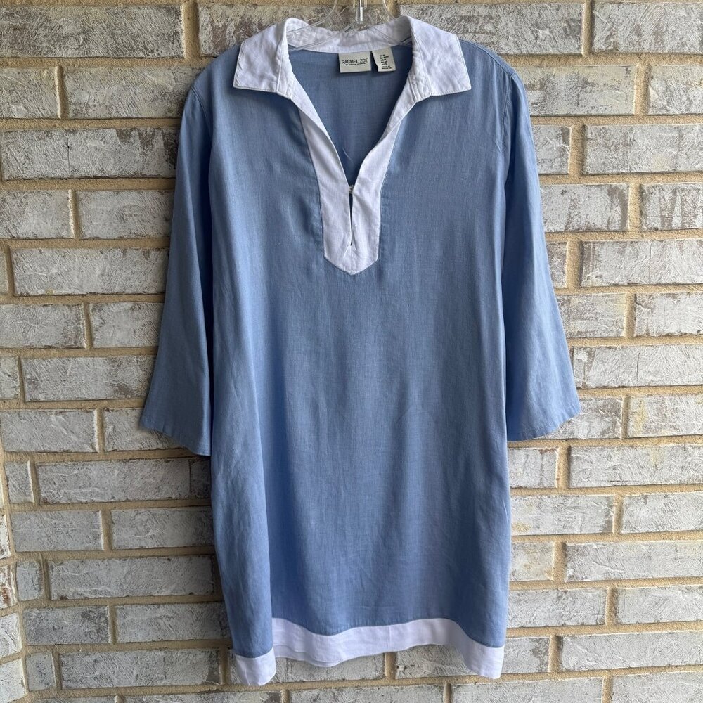 Rachel Zoe 3/4 Sleeve Collared V-Neck Linen Blend Tunic Shirt Women's Size M